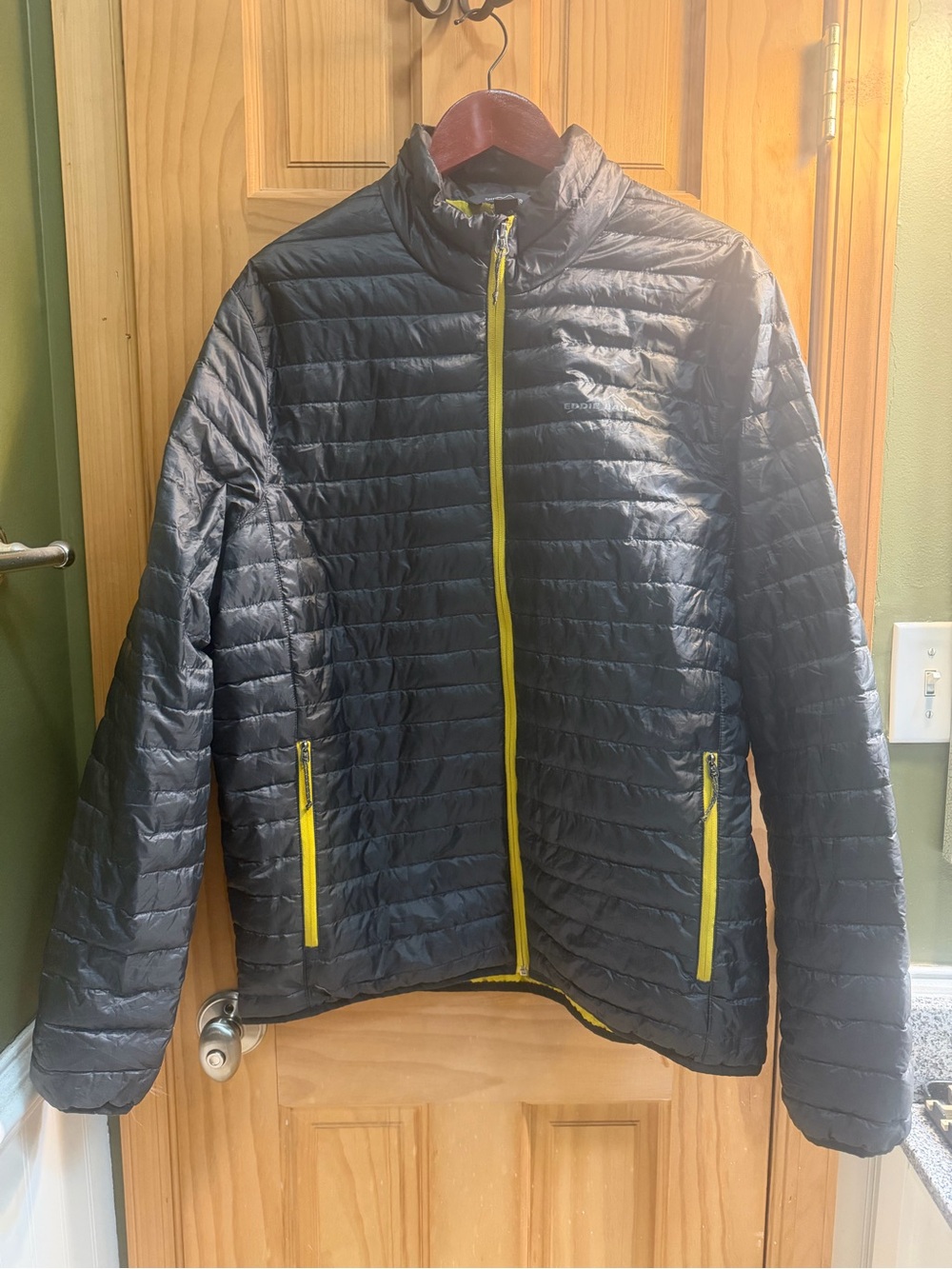 Eddie Bauer Black Quilted Puffer Jacket with Yellow Trim